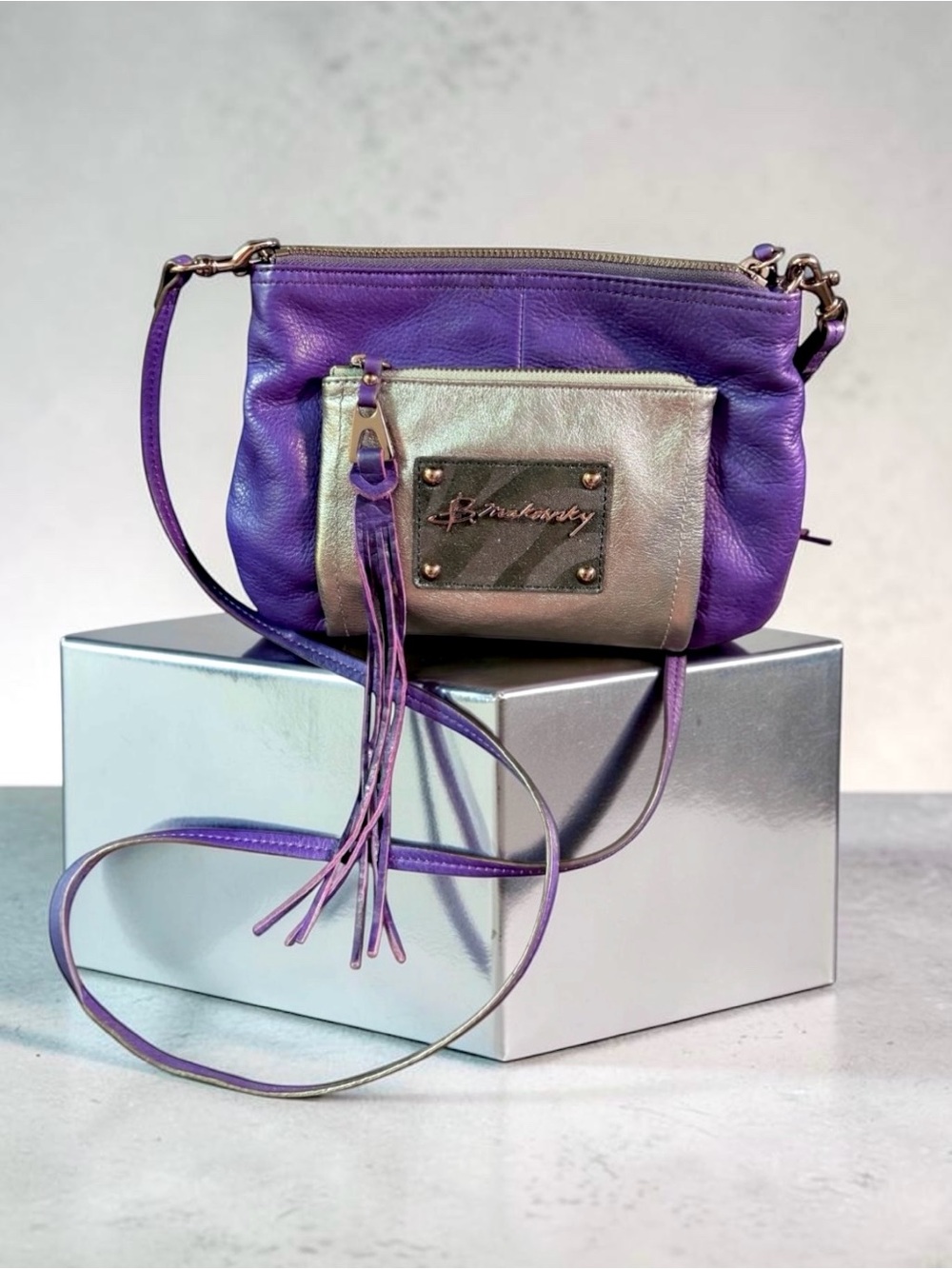 B. Makowsky Leather Crossbody Bag with Metallic Pockets